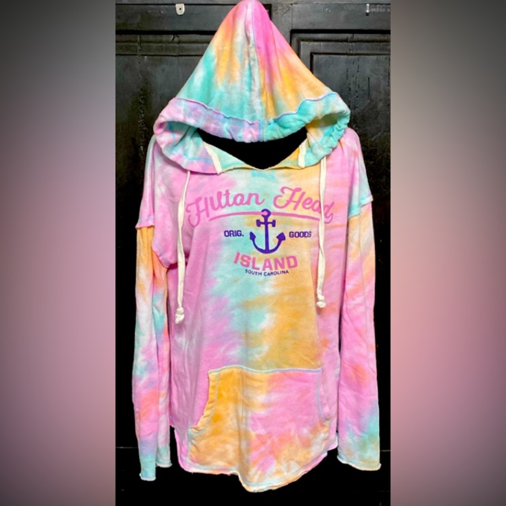 MV Sport tie-dye pink, yellow &green thin OS hoodie with Hilton Head logo-large